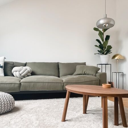 gray 2 seat sofa near brown wooden coffee table