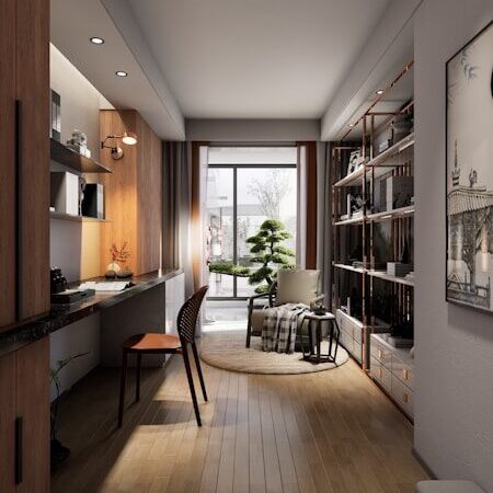 Modern home office with desk and bookshelves