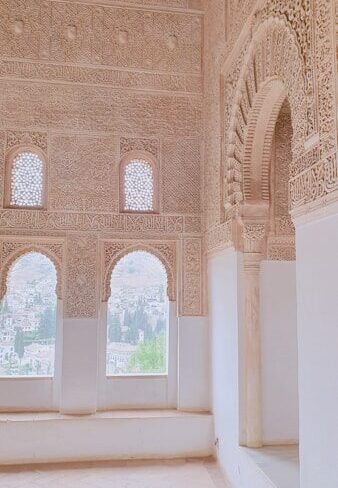 a view of a building from inside a room