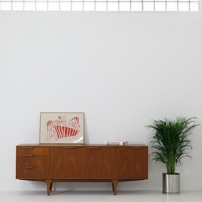 A white room with a wooden cabinet and a potted plant
